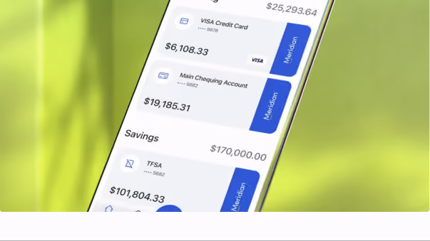Meridian banking app account balances screen