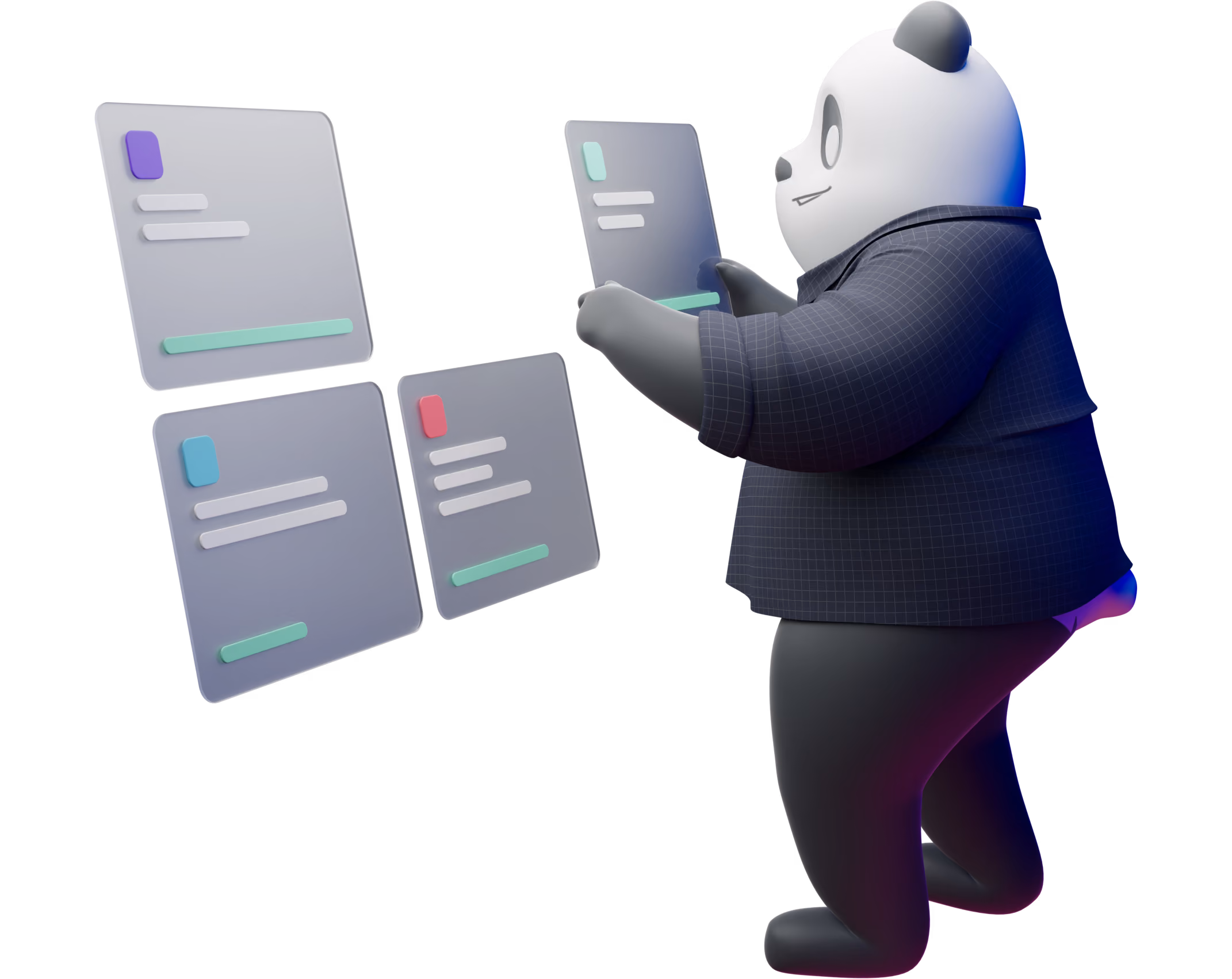 3D panda reviewing a stack of colorful UI card mockups