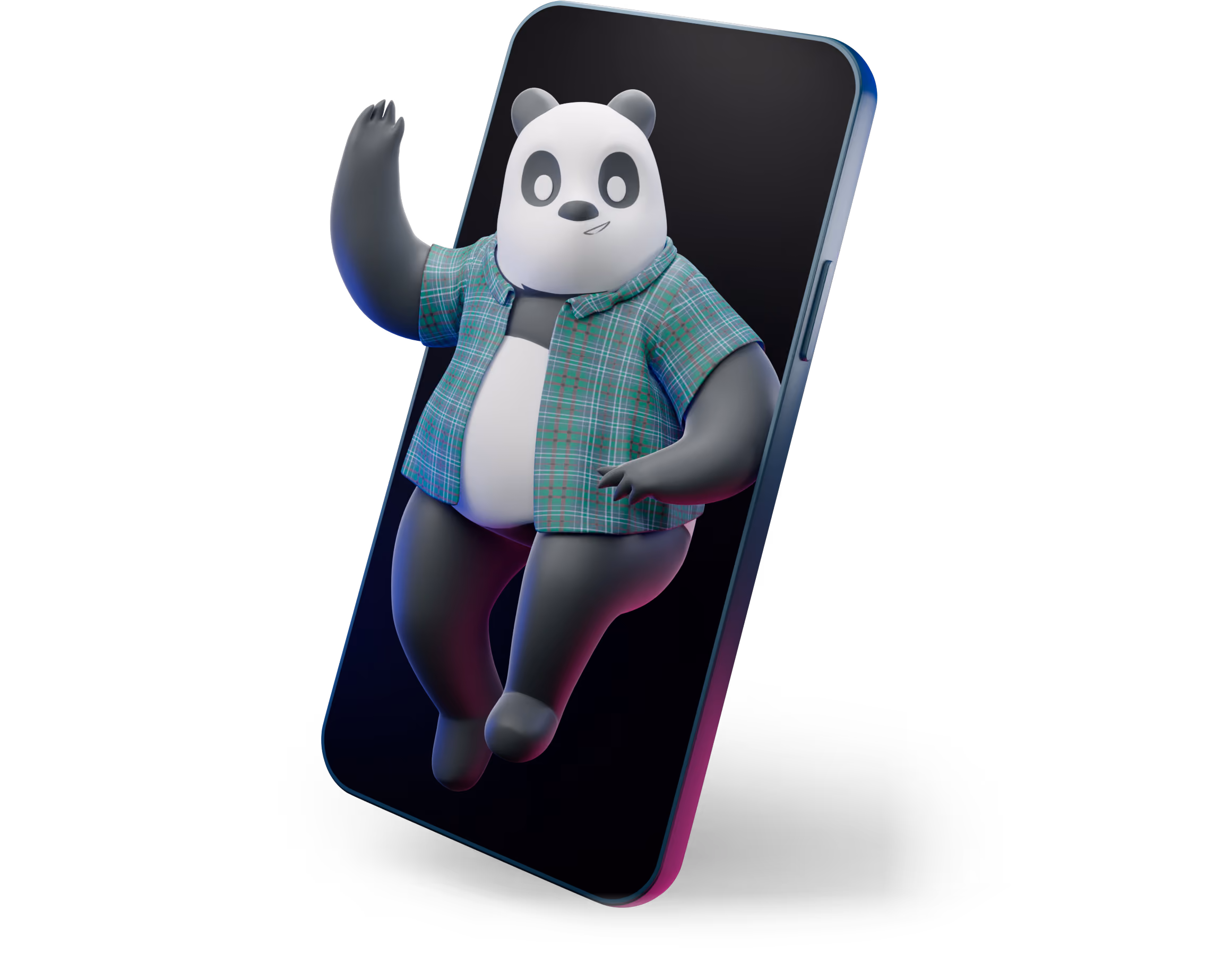 3D panda popping out of a smartphone screen, waving