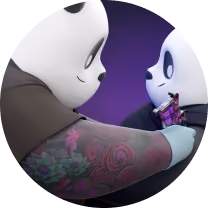 Two 3D panda characters embracing