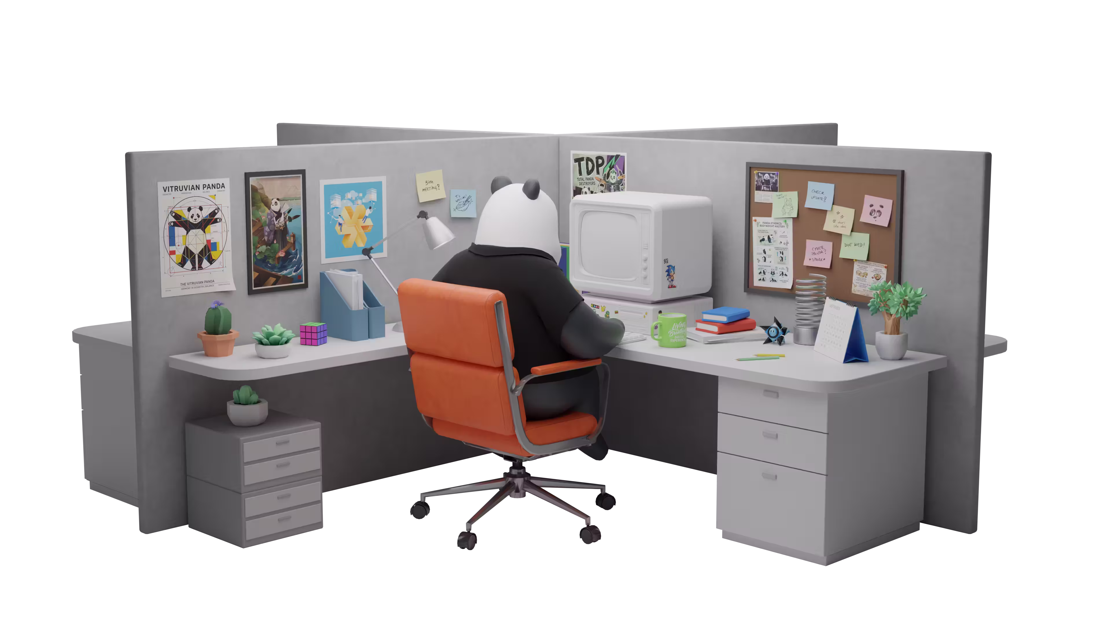 Panda characters working at a desk in a studio office