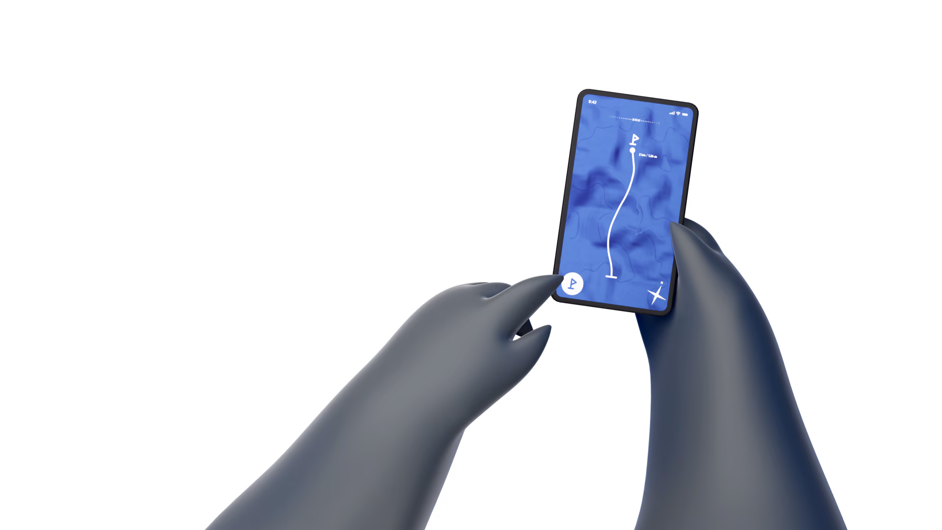 Hands holding a phone showing a route map