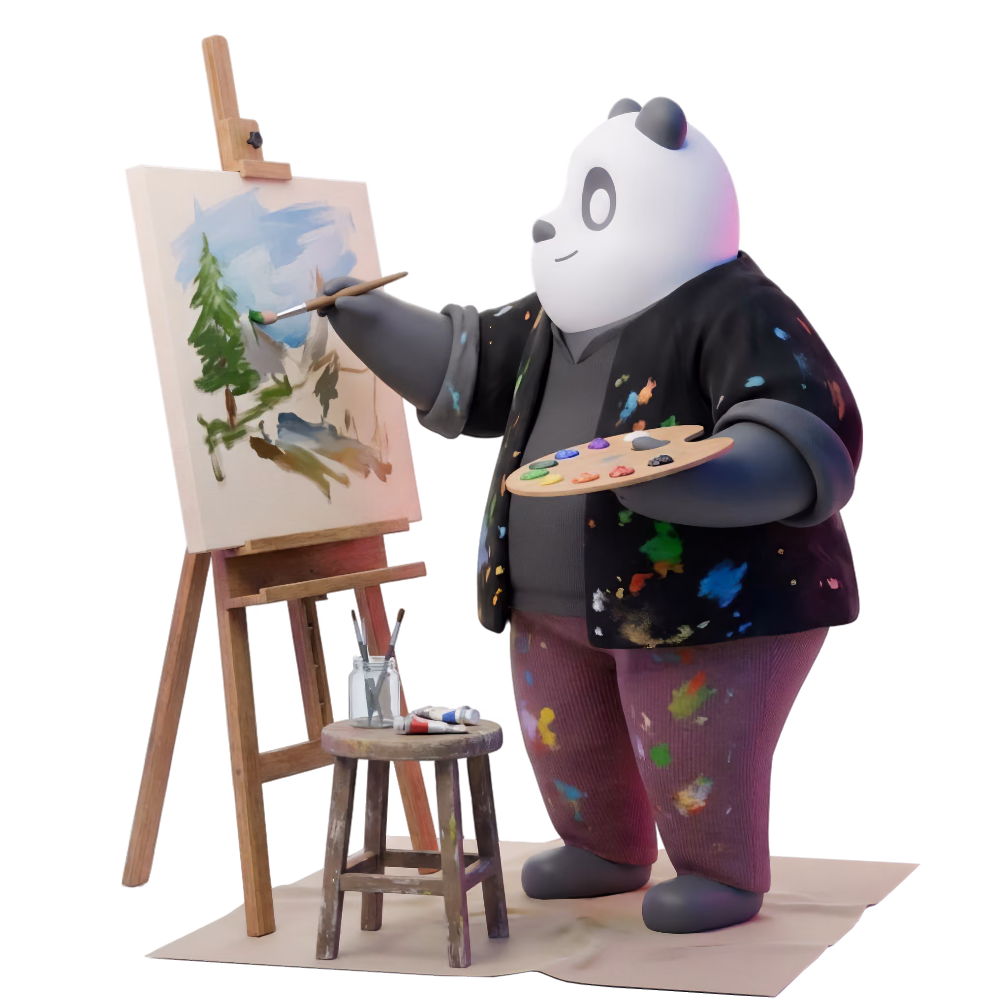 3D panda sitting cross-legged reading a comic book