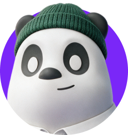 Illustrated panda mascot icon on a purple circle