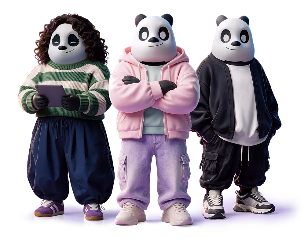 3D panda character sketching at a design desk
