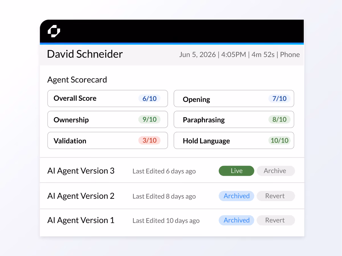 Replicant agent scorecard dashboard showing soft skill performance metrics including ownership, validation, paraphrasing, hold language, and overall agent score.