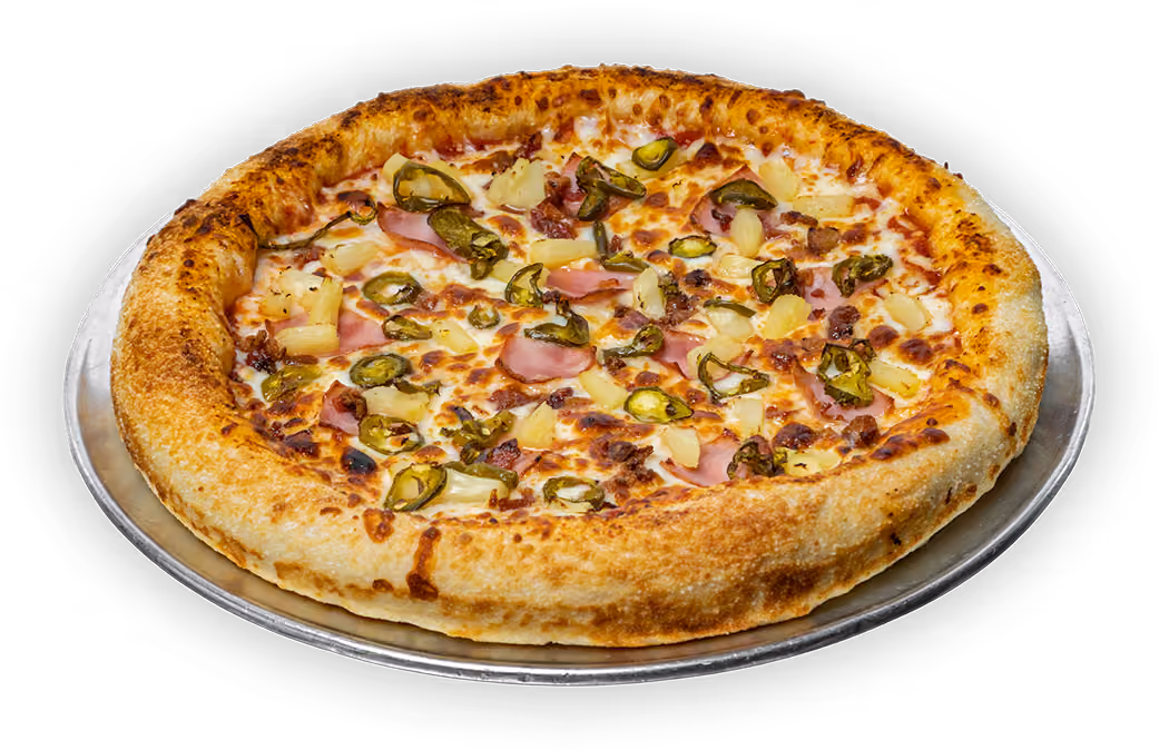 Pizza with ham, pineapple, jalapeño slices, and melted cheese on a silver tray.