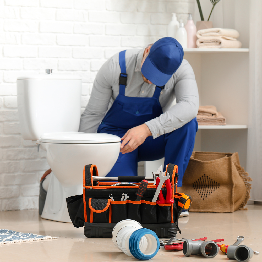 A licensed plumber working in a bathroom