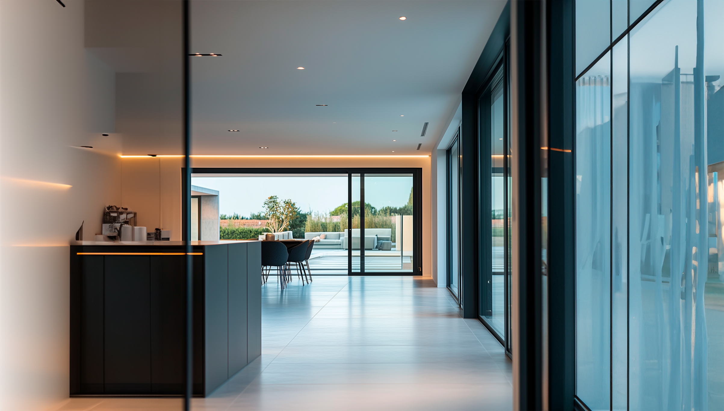 Modern open-plan kitchen and dining area with large glass doors leading to outdoor patio and garden.