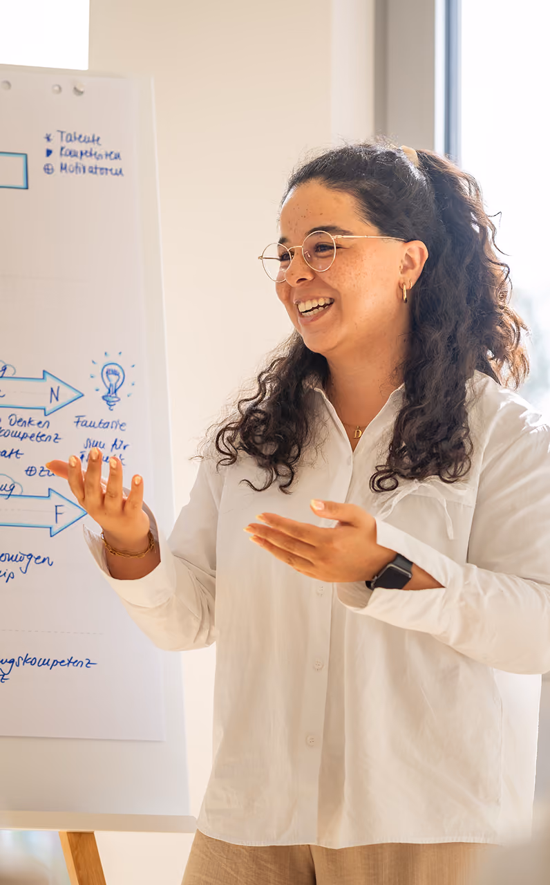 Beraterin erklärt einer Gruppe ein Konzept anhand eines beschrifteten Flipcharts.