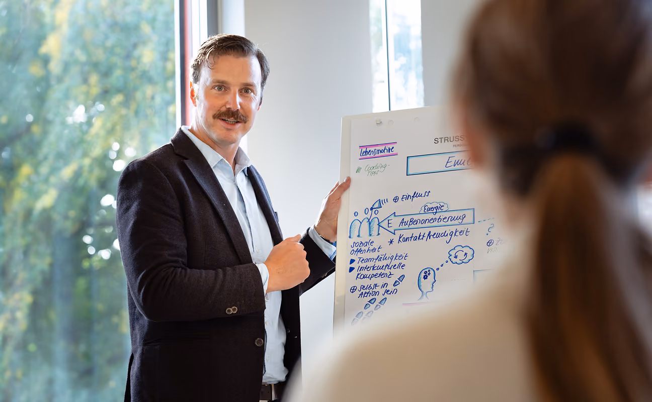 Berater erklärt einer Teilnehmerin ein Konzept anhand eines Flipcharts.
