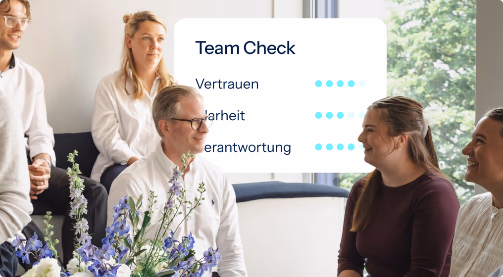 Workshop-Gespräch mit eingeblendeter Team-Analyse zu Vertrauen, Klarheit und Verantwortung.