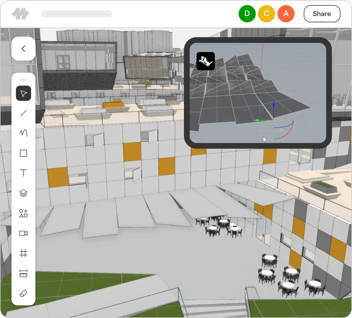 3D architectural model of a modern building courtyard with tables and chairs under awnings, featuring white, gray, and orange paneling on the building facade, viewed within 3D modeling software interface with various editing tools and a smaller inset view showing a mesh manipulation.