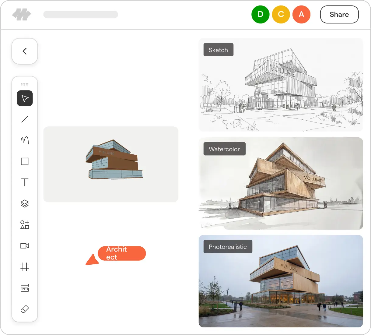 User interface of a design application showing three styles of the same modern building named VOLUME: a sketch in black and white with trees and people, a watercolor with brown and glass textures, and a photorealistic rendering with people walking around the building on a cloudy day. A simplified 3D model of the building is centered with an orange label reading 'Architect'.