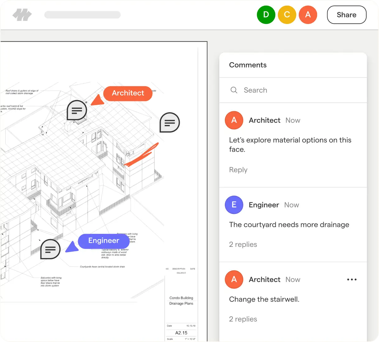 Digital architectural plan of a condo building with comment markers by 'Architect' and 'Engineer' highlighting areas on the building; alongside is a comments panel showing Architect suggesting exploring material options and changing the stairwell, and Engineer noting the courtyard needs more drainage.
