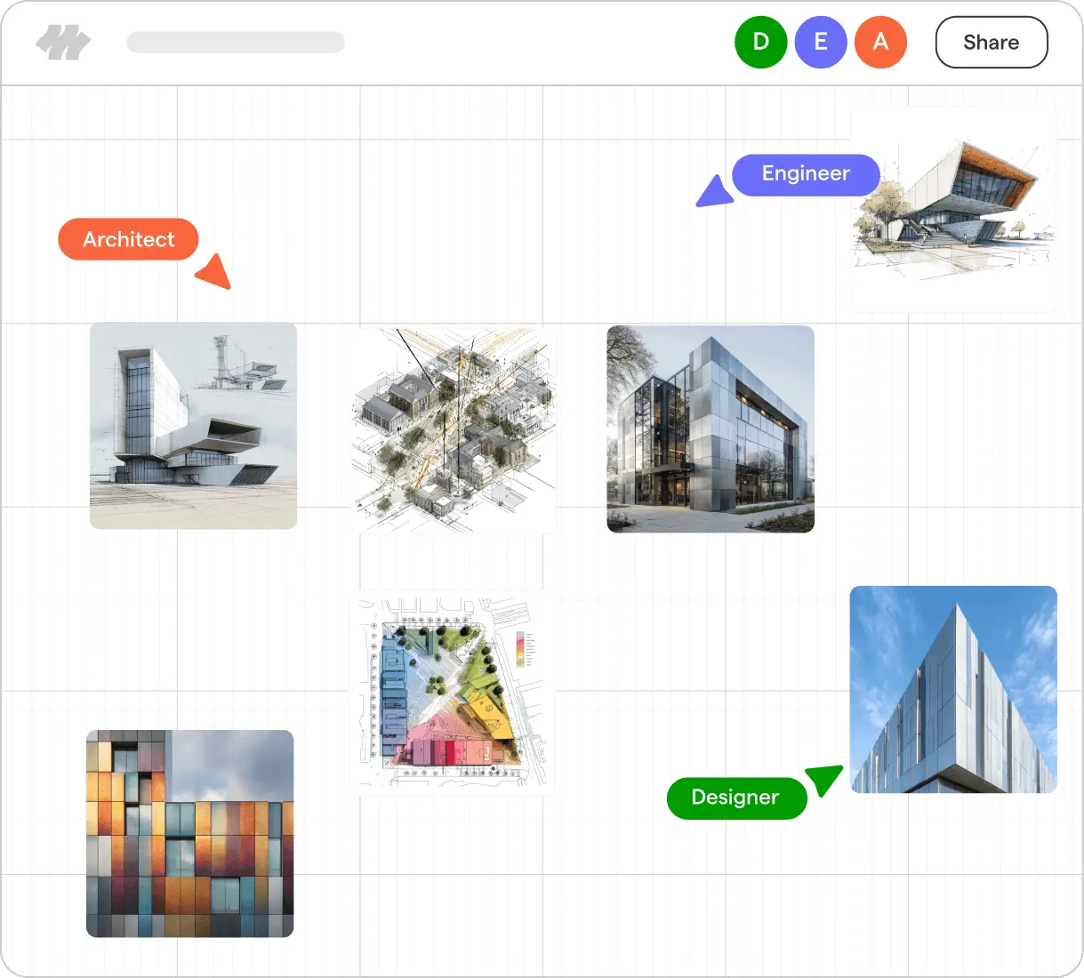 Digital whiteboard with architectural and engineering visuals labeled Architect, Engineer, and Designer marking corresponding images of buildings and design plans.