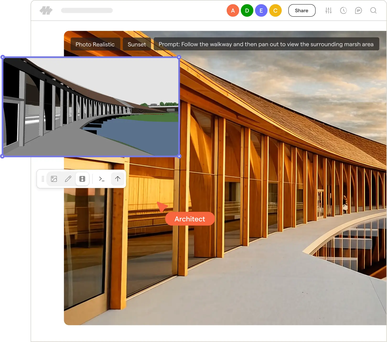 Computer screen showing architectural software with a photorealistic sunset rendering of a wooden curved walkway along a water body, labeled 'Architect,' with an inset of a simpler 3D wireframe model of the same structure.