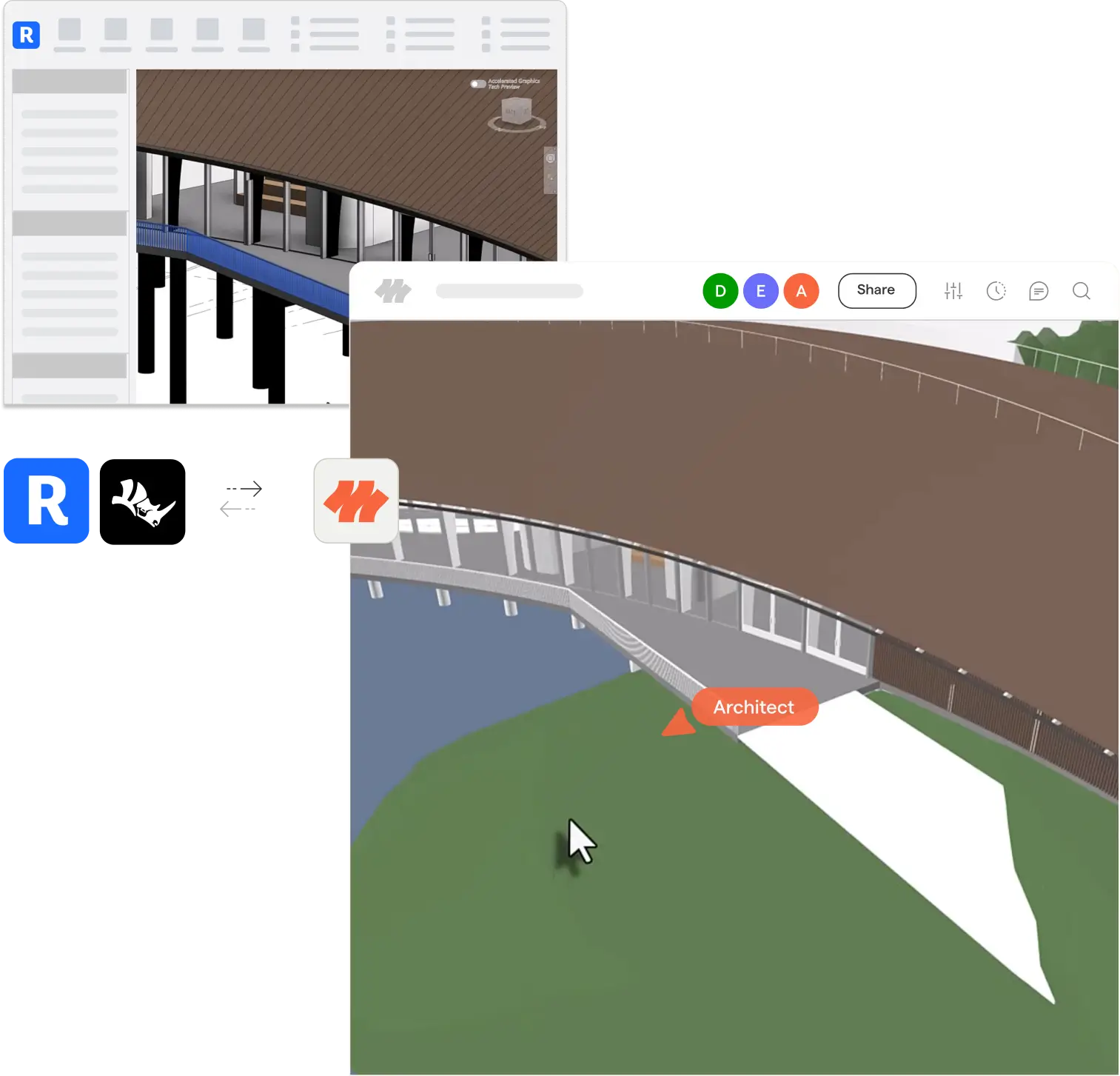 Composite image showing two architectural design software interfaces featuring a curved building with a brown roof, glass walls, and surrounding green and blue landscape with water; the bottom interface highlights an 'Architect' label and cursor pointer on the green area.