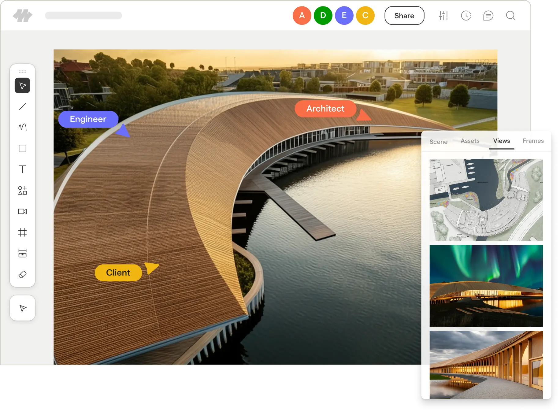 Computer screen showing architectural design software with a curved wooden building over water, labeled with colored tags 'Engineer', 'Architect', and 'Client'. The interface includes editing tools on the left and a thumbnail panel on the right displaying views of the design, including a blueprint and nighttime scene with northern lights.
