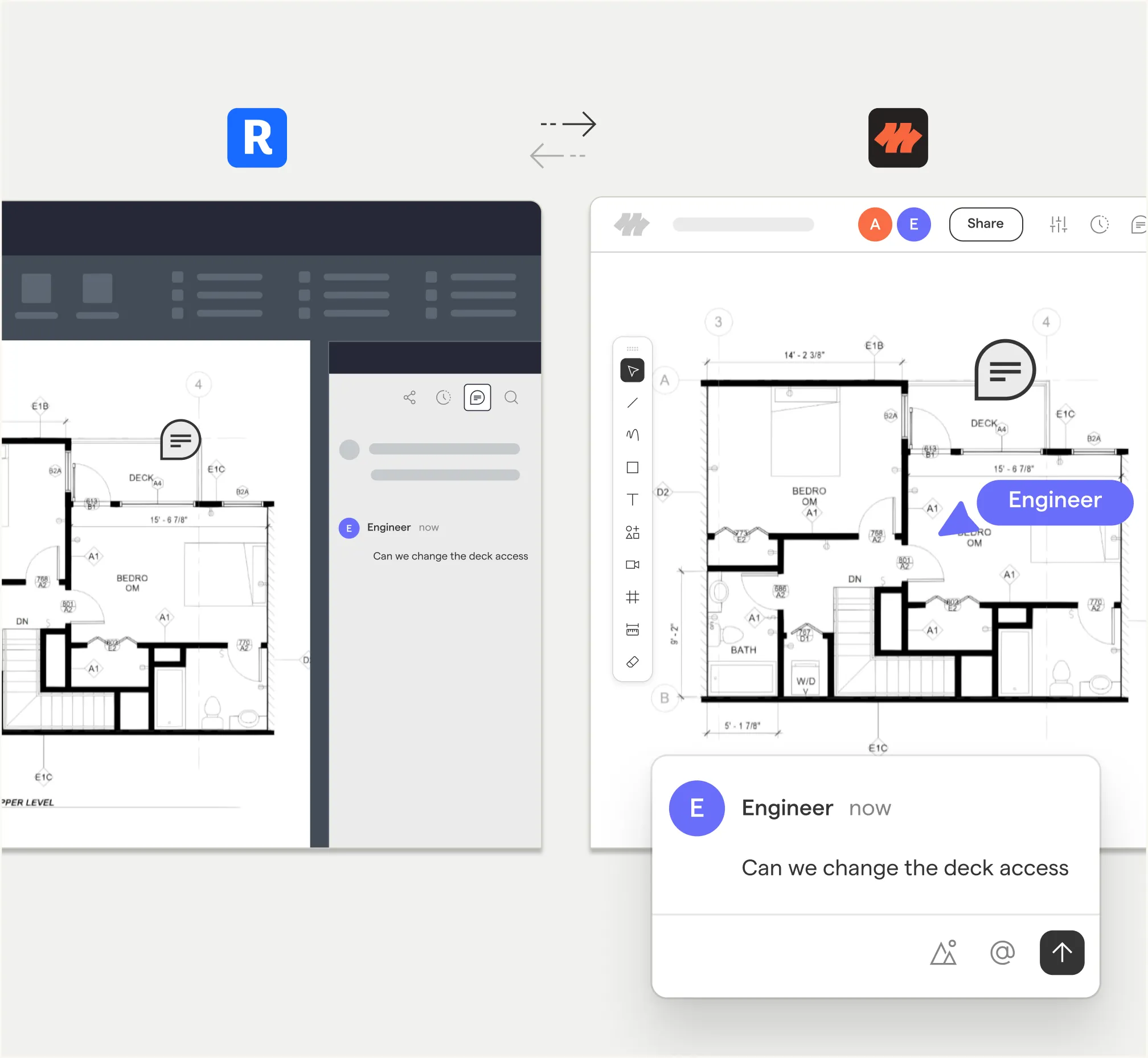 Side-by-side comparison of two digital blueprint editing interfaces showing floor plans with annotations and a comment from an engineer asking if the deck access can be changed.