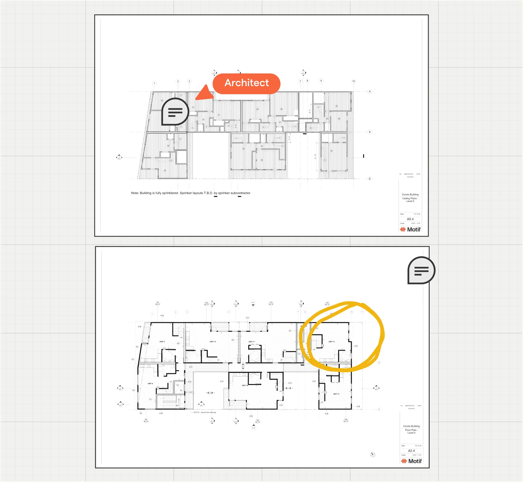 Two architectural floor plans from Motif for a condo building. The top plan shows ceiling layouts of Level 5 with an orange label 'Architect' and a comment icon on the left side. The bottom plan depicts floor layouts of Level 4 with an orange circle marking Unit 12 on the right side and a comment icon at the top right corner. Both plans have technical details, measurements, and notes related to the building design.
