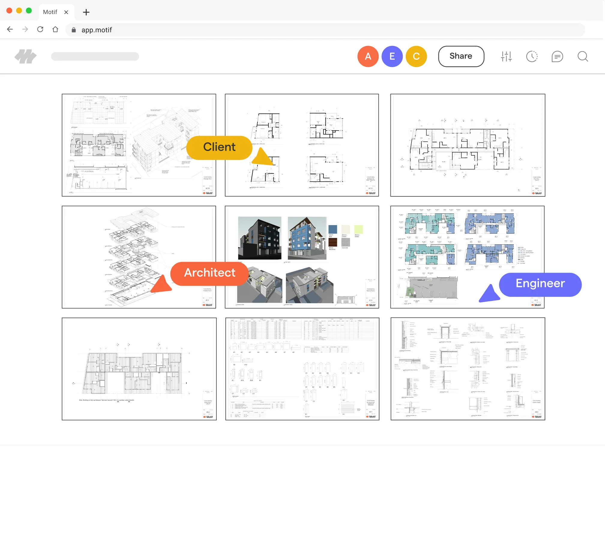 Screenshot of a project collaboration platform with architectural and engineering plans displayed in a 3x3 grid, labeled 'Client,' 'Architect,' and 'Engineer' to indicate access by different roles.