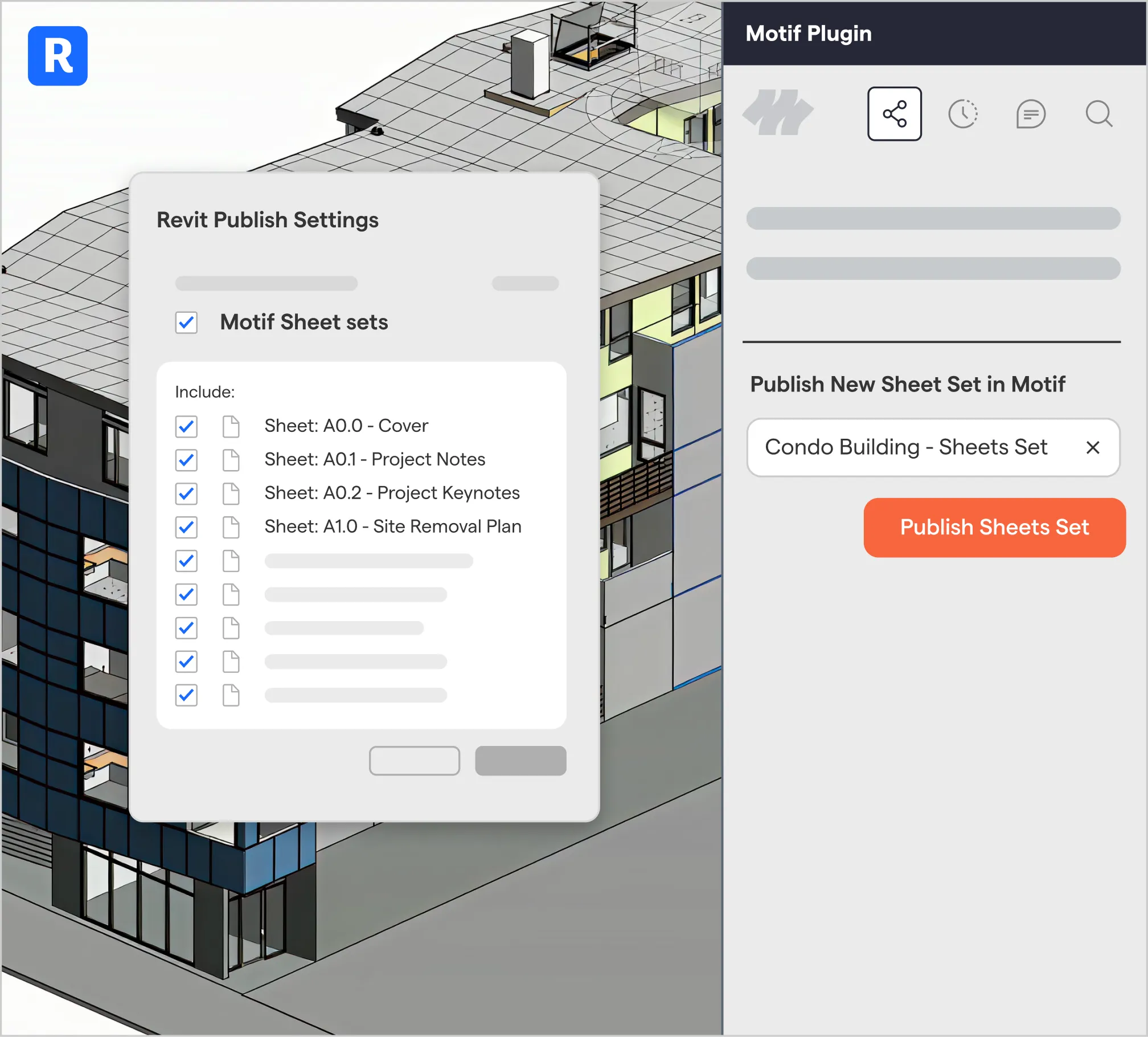 3D architectural model of a multi-story building with an overlay window showing Revit Publish Settings including checked options for Motif Sheet sets and specific sheets like Cover, Project Notes, Project Keynotes, and Site Removal Plan, alongside a Motif Plugin panel on the right with an input field labeled Condo Building - Sheets Set and an orange Publish Sheets Set button.