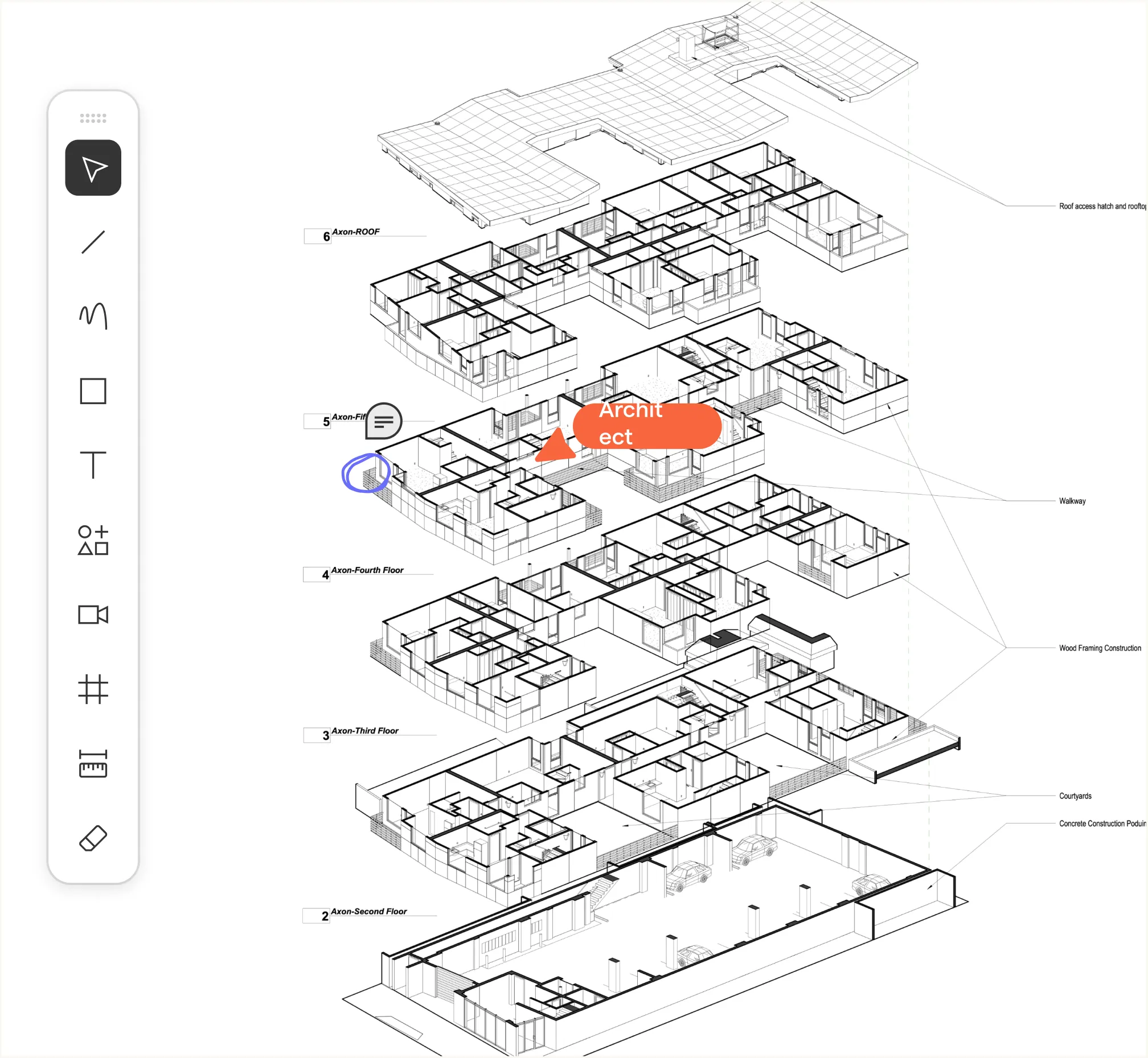 Exploded axonometric architectural drawing of a multi-story building showing six layers from the parking garage at the bottom to the roof at the top, with labels for floors and features including courtyard, concrete construction podium, wood framing construction, walkway, and roof access hatch. The interface tools panel is visible on the left side with drawing and annotation options.