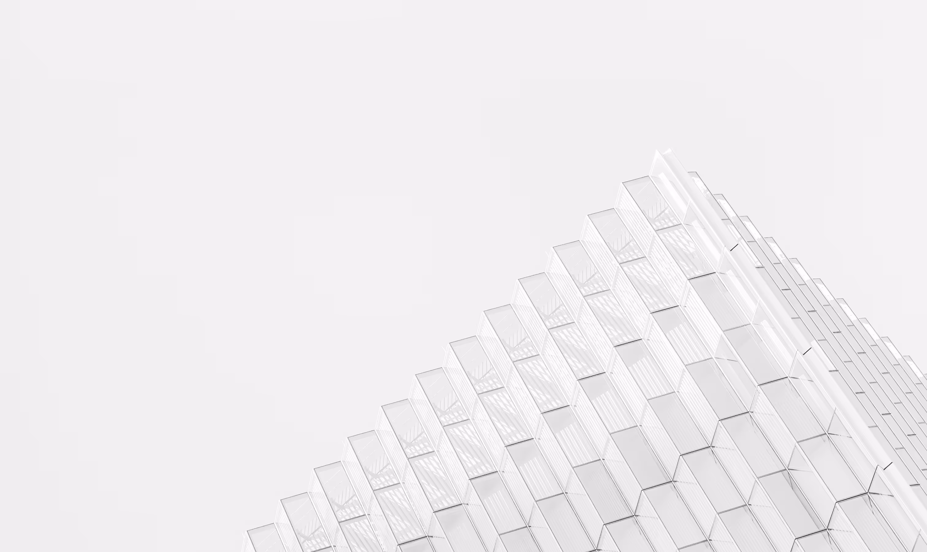 Abstract close-up of a modern building facade with a repetitive pattern of transparent rectangular glass panels against a pale gray sky.