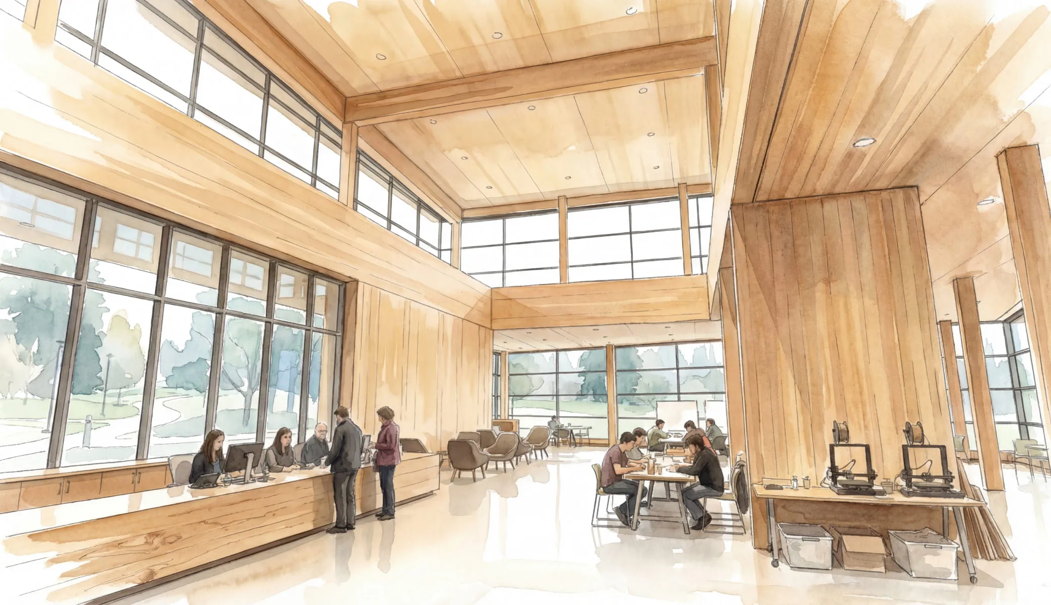 A drawing of people sitting at tables in a large room.