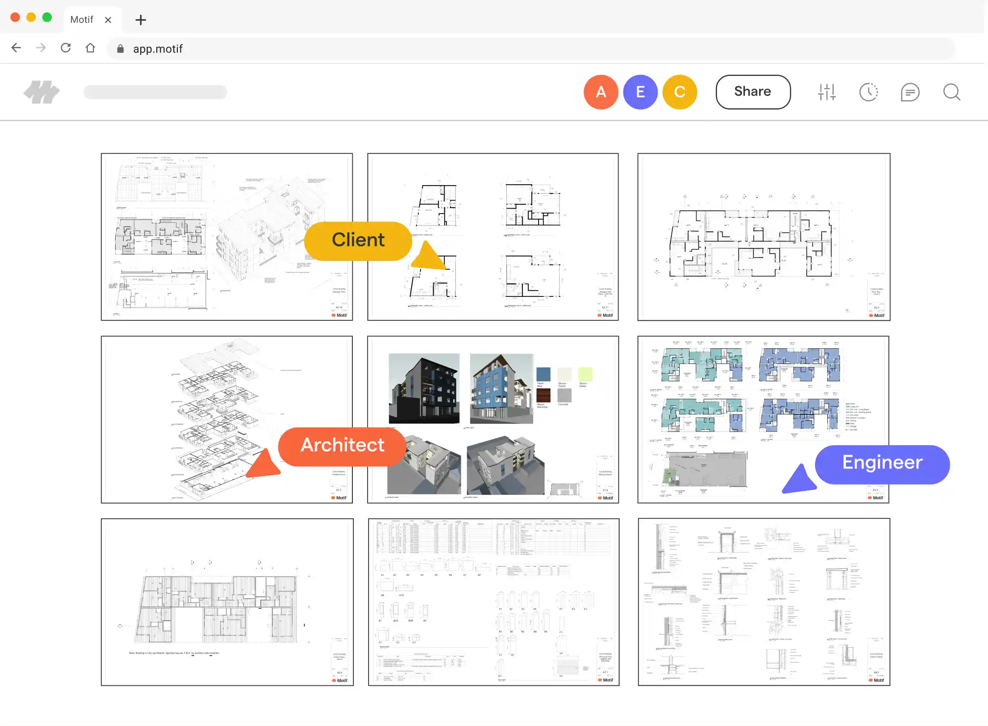 Screen capture of an architectural project interface on app.motif showing nine thumbnails of architectural drawings and renderings arranged in a grid; labels with arrows point to three thumbnails marked as Client in yellow, Architect in orange, and Engineer in blue, indicating collaboration roles on the project.