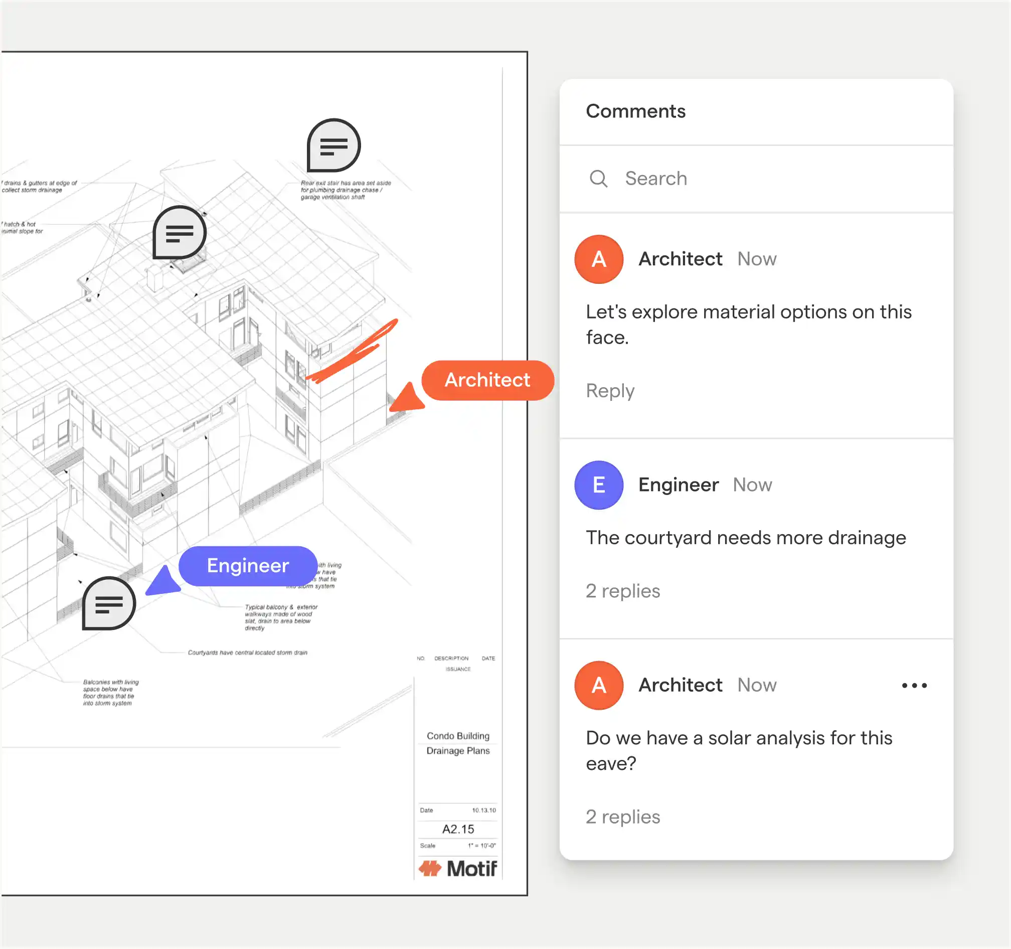 Architectural drawing of a condo building drainage plan with comments from an Architect and Engineer, discussing material options, drainage needs, and solar analysis, shown in a chat interface to the right.