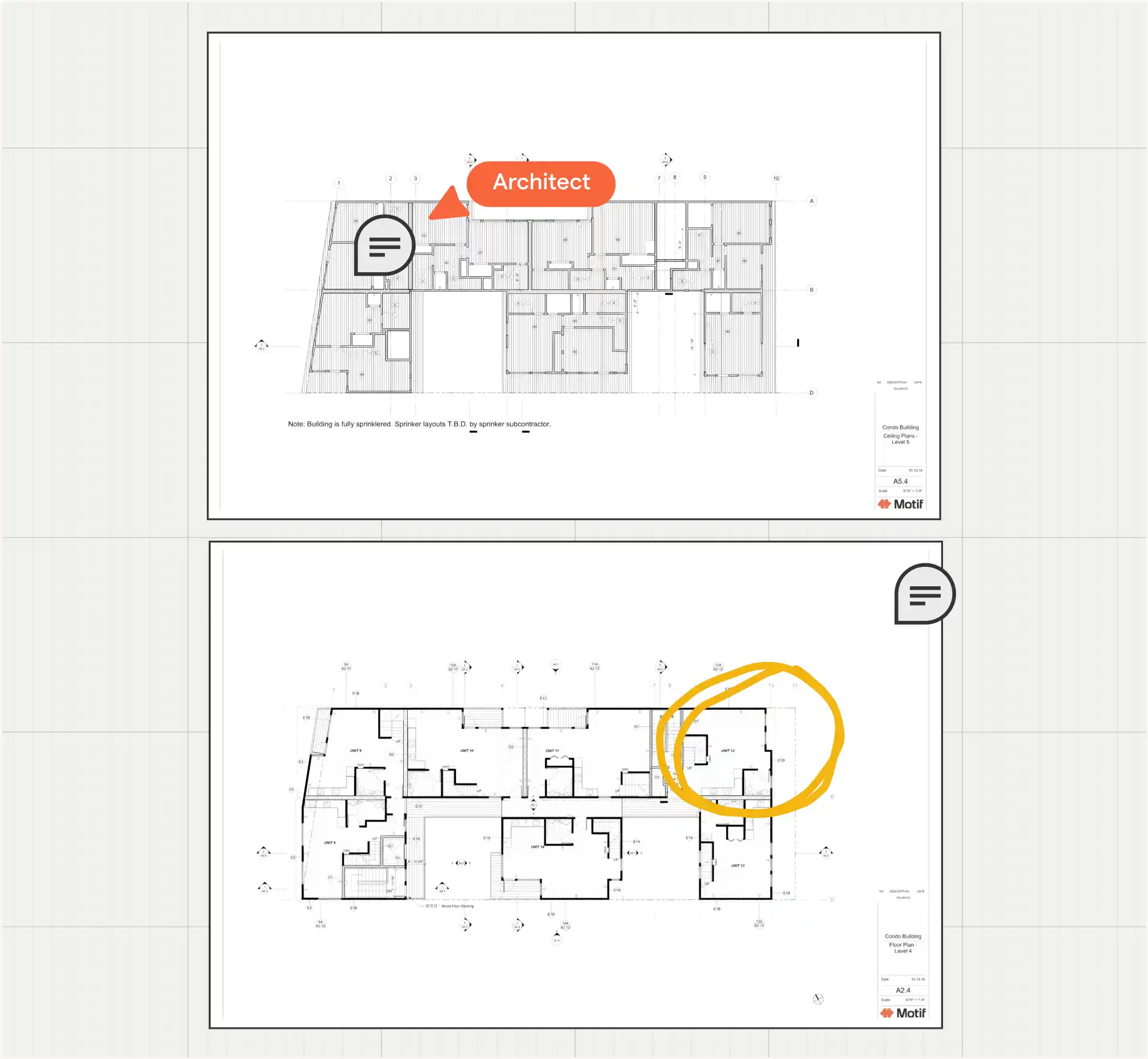 Two architectural floor plans for a condo building displayed one above the other. The top plan shows a detailed layout labeled 'Architect' with an orange speech bubble pointer, the bottom plan highlights unit 12 with a yellow circle on the right side. Both plans feature multiple units with walls, doors, and measurements, as well as annotation icons resembling speech bubbles. The plans include labels, grid markers, and the motif logo in the lower right corners.