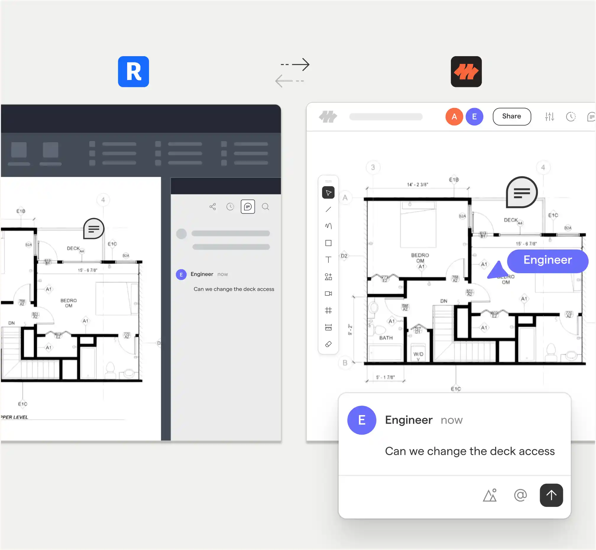 Side-by-side screenshot of two digital design platforms showing a floor plan with a comment from 'Engineer' asking to change the deck access, illustrating collaborative editing and communication.