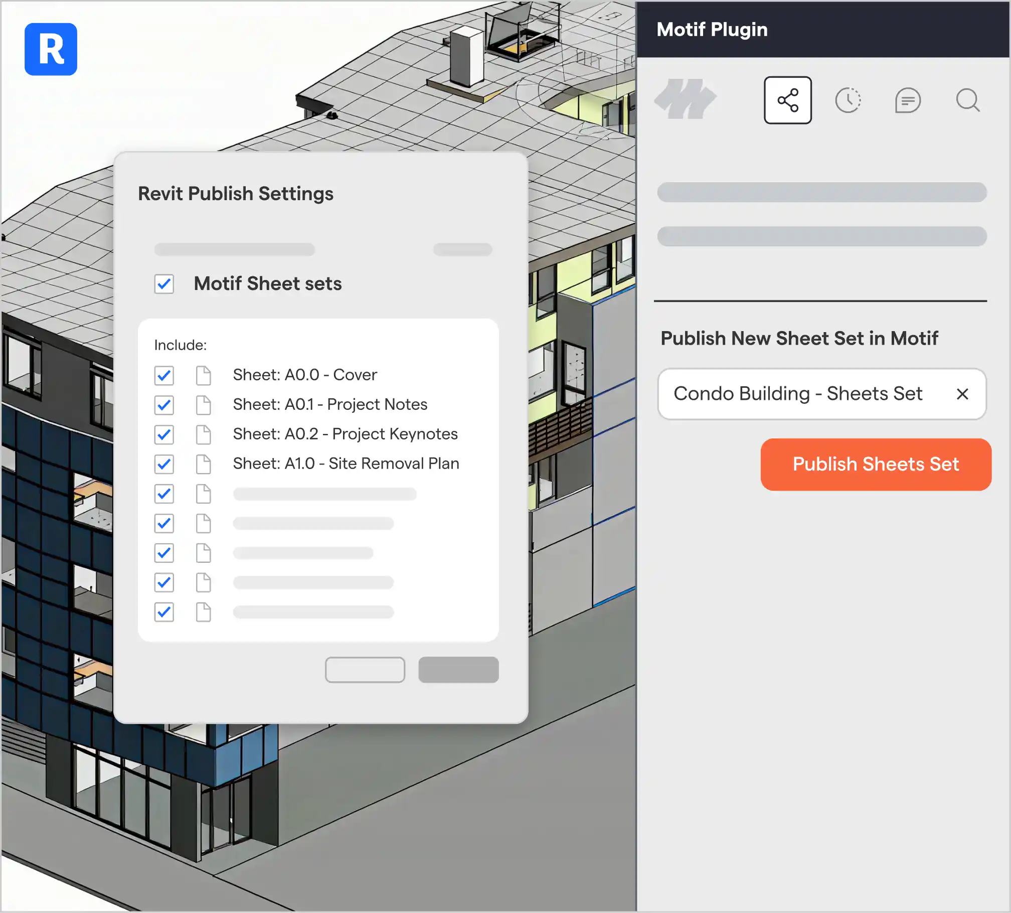 Interface of a 3D building model shown alongside a Revit Publish Settings panel with Motif Sheet sets selected, listing sheets including Cover, Project Notes, Project Keynotes, and Site Removal Plan, and a Motif Plugin sidebar with an option to publish a new sheet set named Condo Building - Sheets Set.