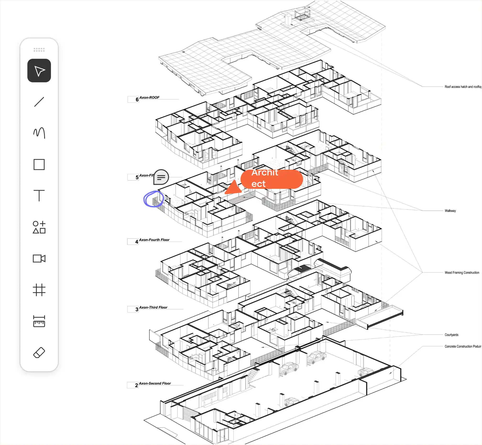 An architectural exploded axonometric diagram showing multiple floor plans stacked vertically from second floor to roof, labeled with floors and construction details such as roof access hatch, walkway, wood framing, courtyards, and concrete podium, with some annotations and drawing tools visible on the left side.