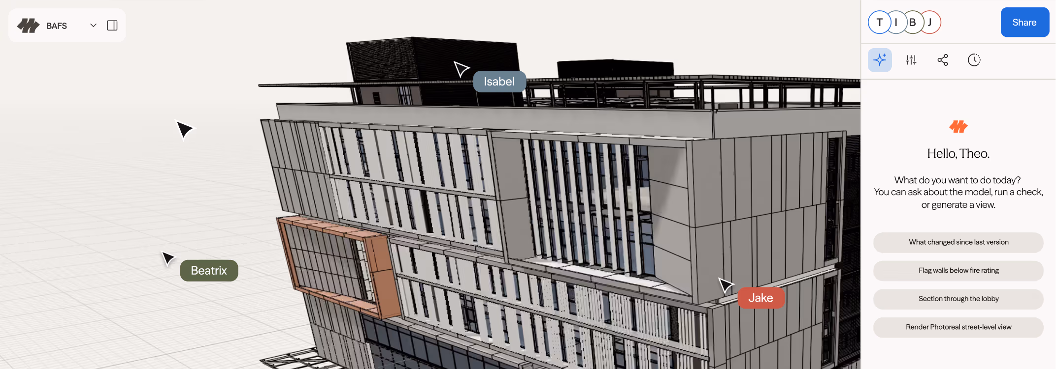 3D architectural model of a modern multi-story building with labeled points named Beatrix, Isabel, and Jake, shown in a software interface featuring a welcome message and options to check model changes, flag walls, view sections, and render a photoreal street-level view.