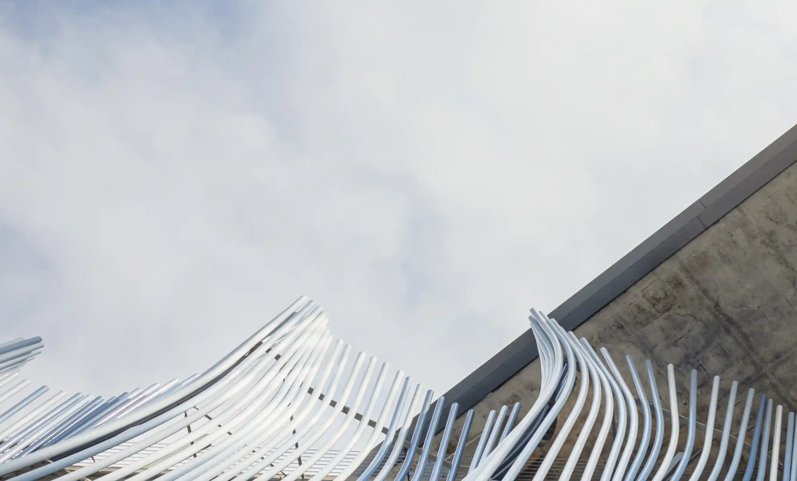 Curved white modern building exterior with small square windows, set against a clear light sky.