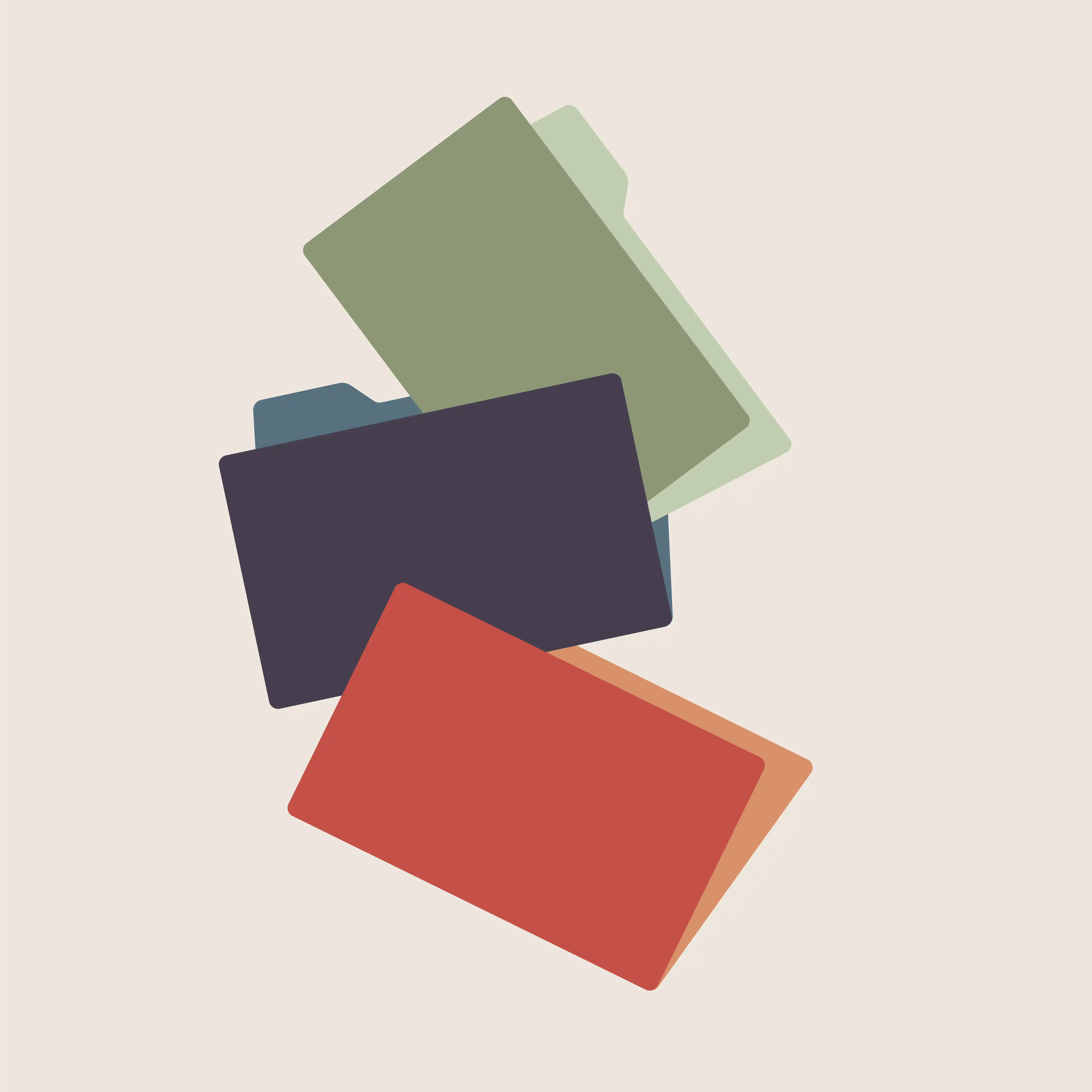 Illustration of four overlapping file folders in different colors—light green, dark green, dark blue, and reddish orange—arranged on a beige background.