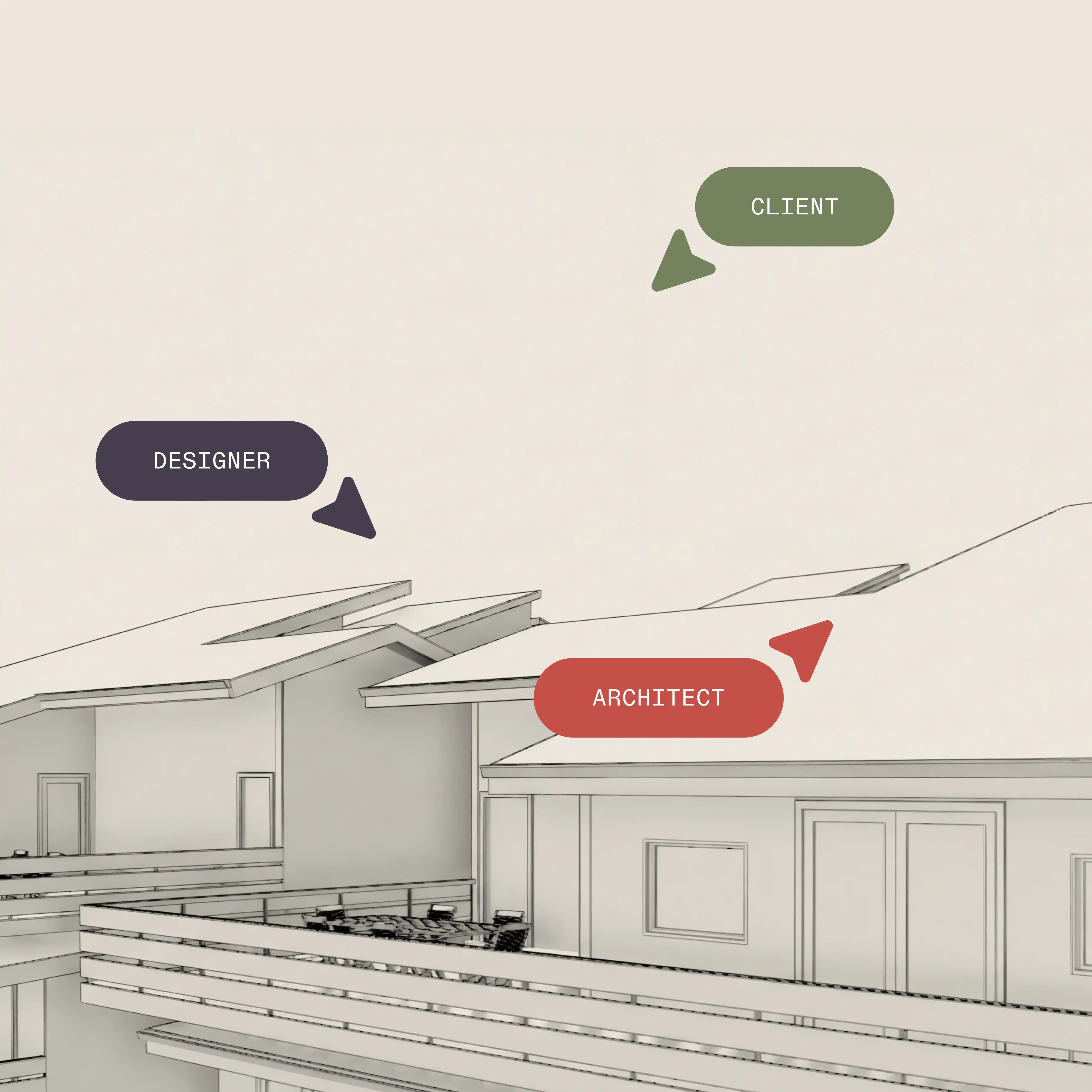 Monochrome architectural sketch of a modern residential building with arrows and labels pointing to different roles: designer, architect, and client.