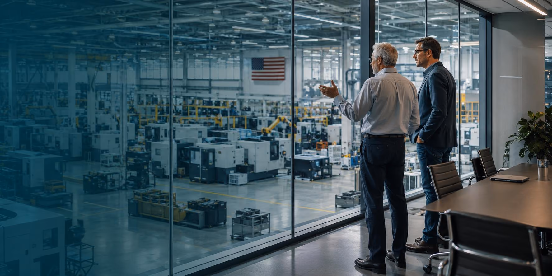 Two executives in a conference room looking out over an active manufacturing plant floor