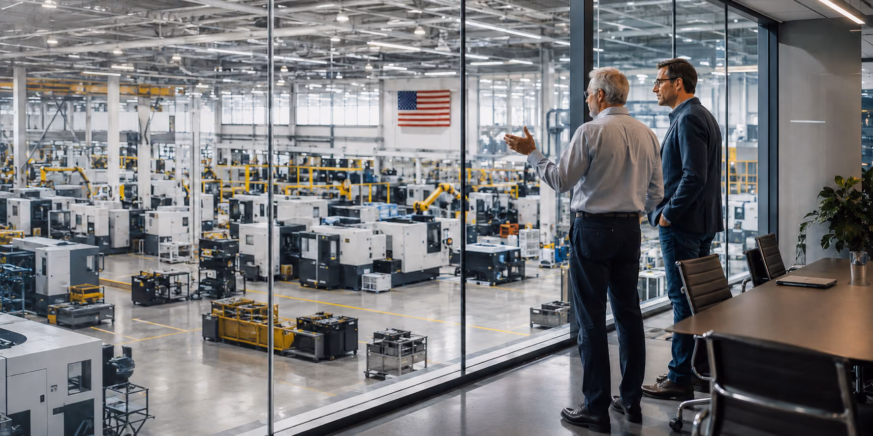 Two executives in a conference room looking out over an active manufacturing plant floor