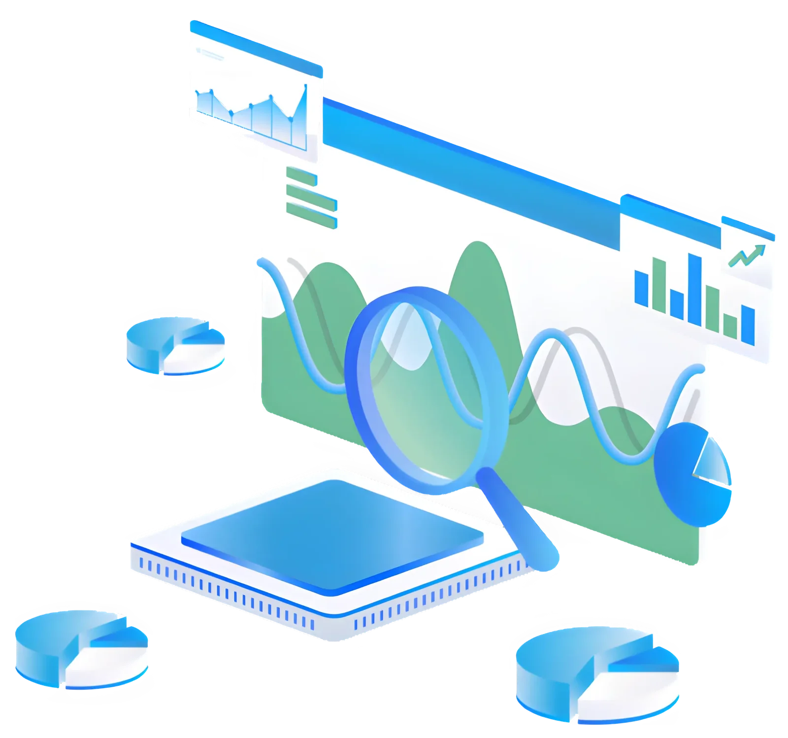 Illustration of AI dashboards, charts, and data analysis tools