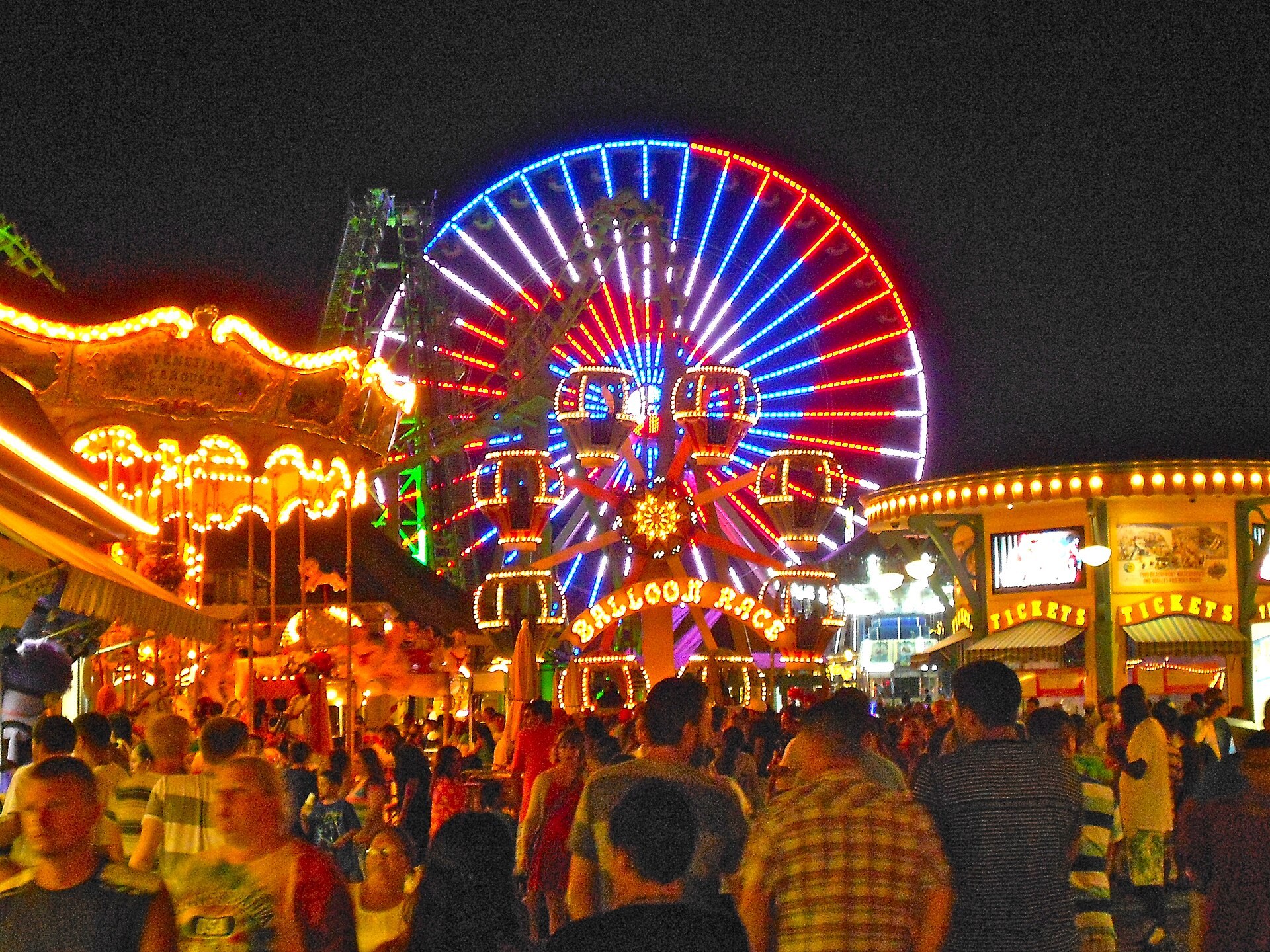 The giant ferris wheel at Morey's Piers, Wildwood, lit at night