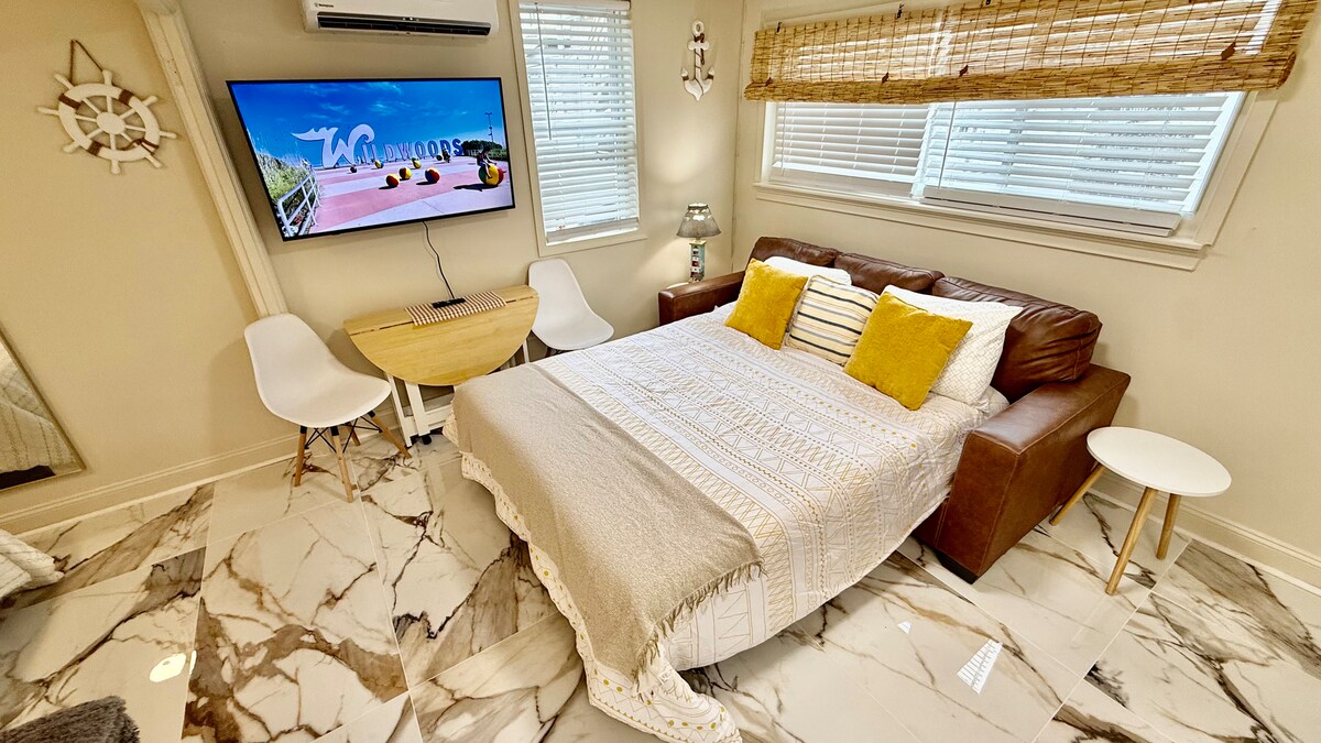 The queen pull-out couch is ready for the extra guest for a fee