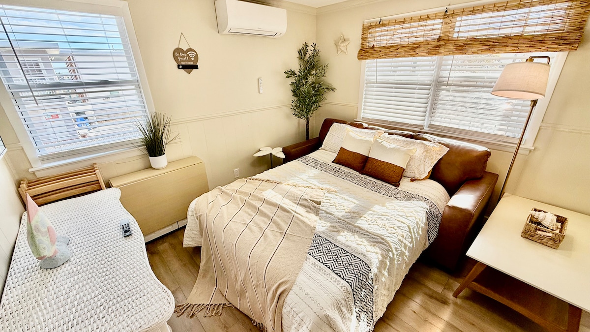 Folding couch that converts into a comfortable queen-size bed.