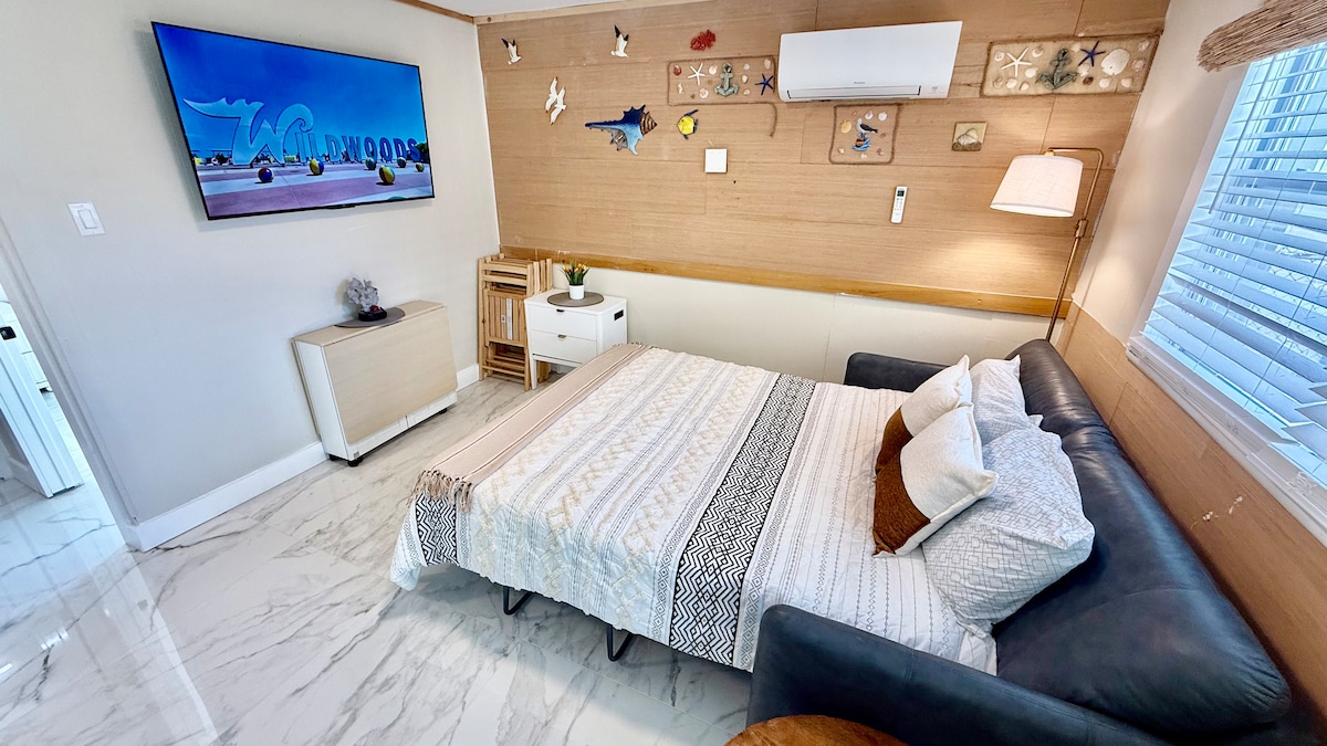 Folding couch that converts into a comfortable queen-size bed.