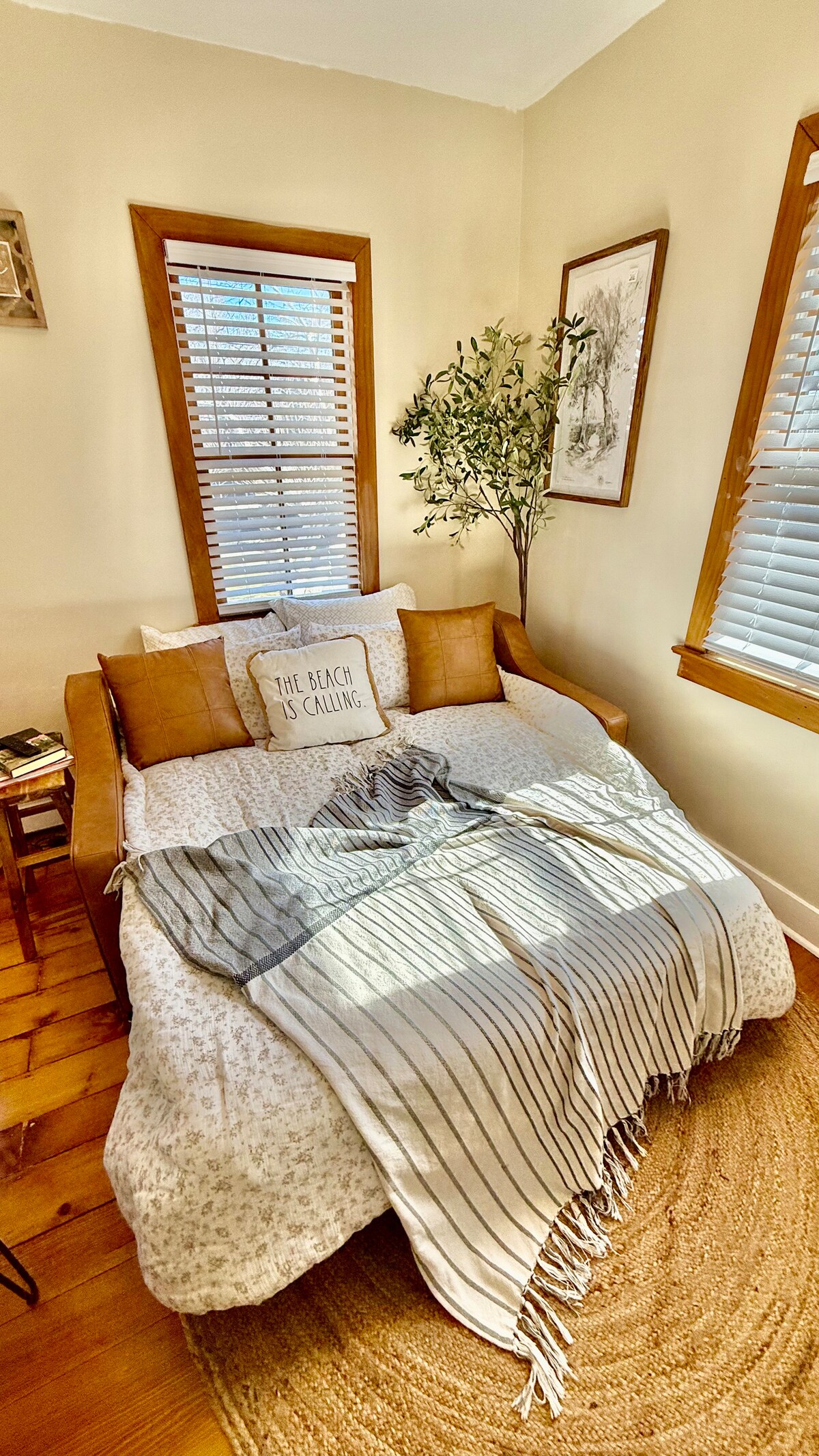 Relax on a luxury leather sofa that easily converts into a comfortable queen bed. An additional fee applies for extra gu