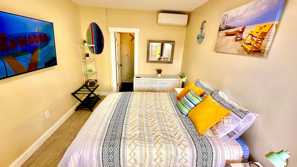 Enjoy the comfort of a queen-sized bed and the entertainment of a 65-inch smart TV, ensuring a relaxing and enjoyable st