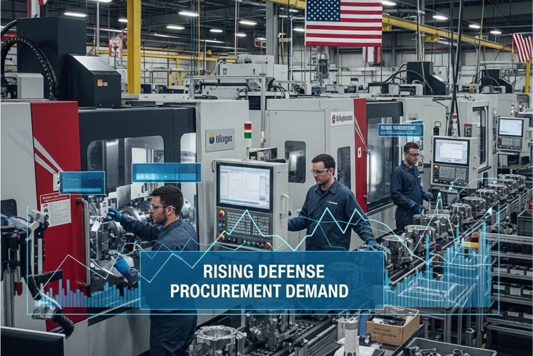 Machinists working at CNC machines in a US manufacturing plant, overlaid with the caption "Rising defense procurement demand."